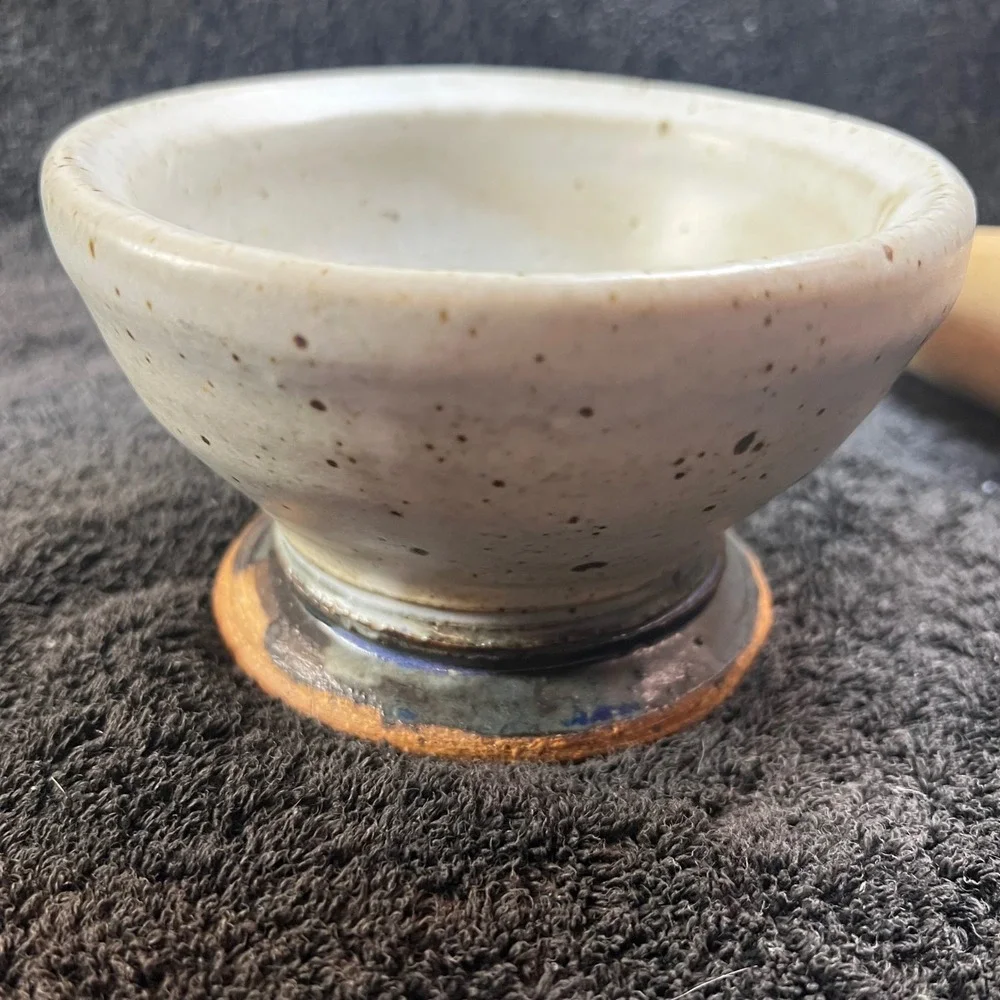 Amanda Ruth Studio Pottery Mortar and Pestle Set Ceramic Wood 1985 Signed